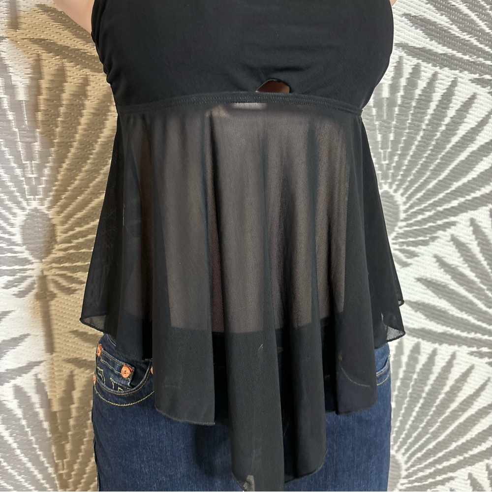 Sheer Mesh Asymmetrical Cutout Swim Top Tankini Black Flowy Babydoll Y2K Sz L - Picture 2 of 11
